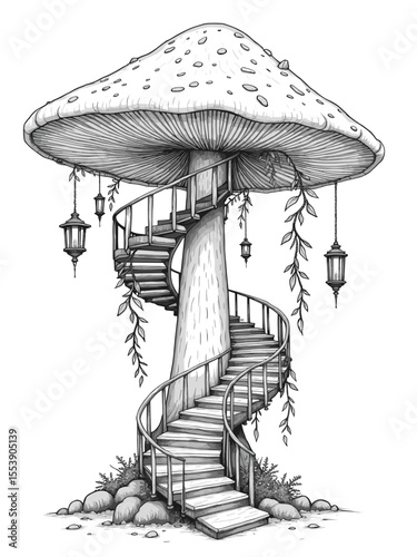 A whimsical fairy-tale mushroom house illustration featuring a winding staircase, intricate details, and hanging lanterns. coloring page
