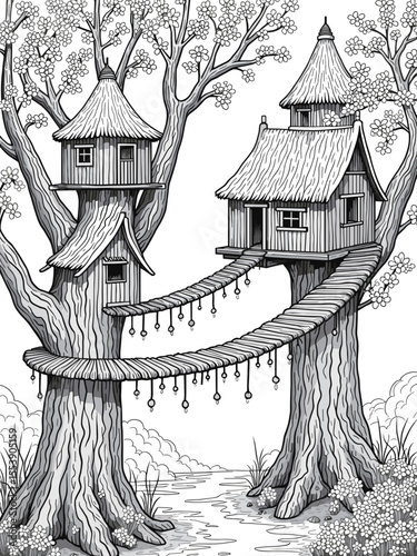 Whimsical treehouses connected by a rope bridge. This black-and-white illustration evokes a sense of childhood wonder and adventure, inviting the viewer into a playful, fantastical realm.