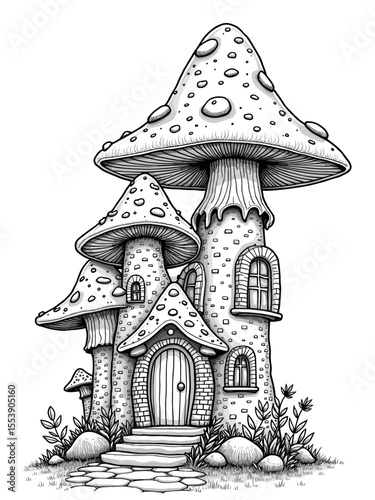 Whimsical Mushroom House Drawing: A detailed pen and ink illustration showcases a whimsical mushroom house, inviting viewers into a fairy tale. Every element tells a story.