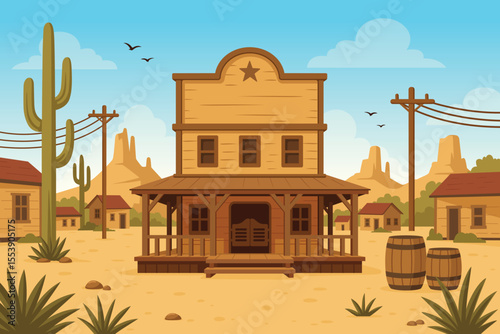 Old Desert Western Cowboy Town Vector Illustration
