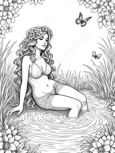 A serene vision of a woman immersed in a tranquil waterscape, surrounded by floral elements and fluttering butterflies. The image evokes a sense of calm and enchantment.