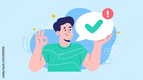 happy user holding a notification bubble with a checkmark, vector illustration for successful communication, customer satisfaction and positive feedback
