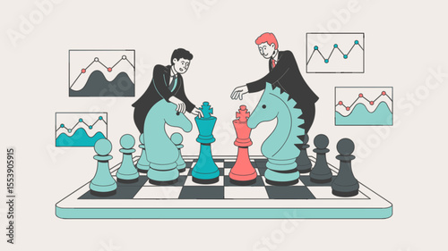 two business strategists moving chess pieces on a board with stock charts, vector illustration for competitive analysis, market positioning and corporate strategy
