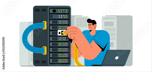 computer network technician working on a server rack, vector illustration for data center management, it infrastructure and system administration
