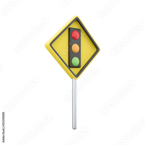 A traffic signal showing red, yellow, and green lights within a diamond-shaped warning sign, indicating traffic control.