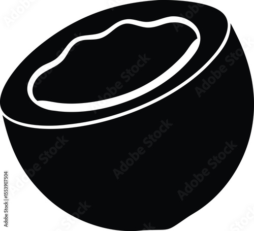Simple black and white silhouette icon of a halved coconut with white flesh and liquid