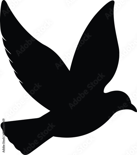 Silhouette of a black bird in flight with wings spread wide