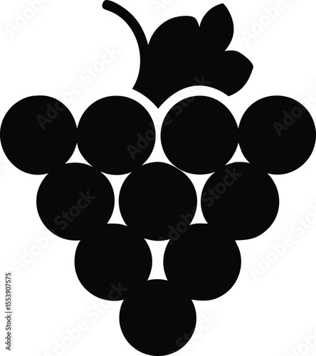 Simple black silhouette of a bunch of grapes with a leaf and stem