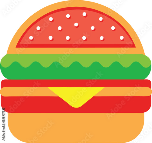 Stylized flat design hamburger icon with sesame seed bun and cheese