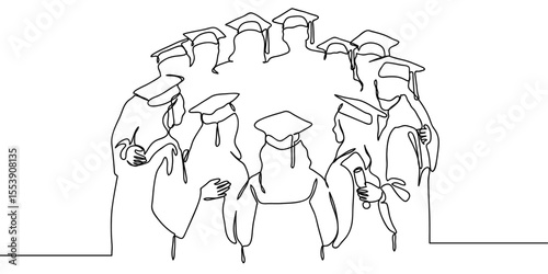 Continuous line, group of graduates standing in a circle graduating from university. Minimal hand drawn line vector cut out background editable stroke.
