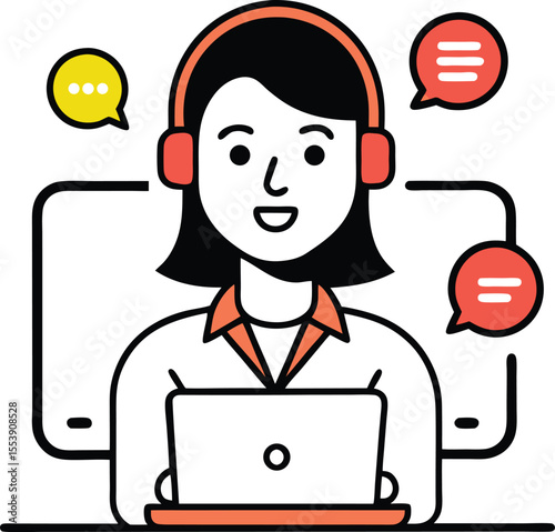 Line art of a woman participating in an online video call 