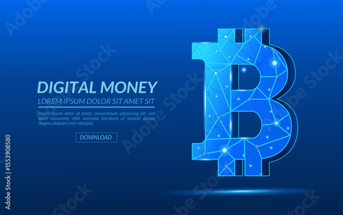 Bitcoin Symbol Bright Blue Polygonal Design Blockchain Technology on a blue technological background with text, Decentralized Digital Currency for Global Investment and Financial Future