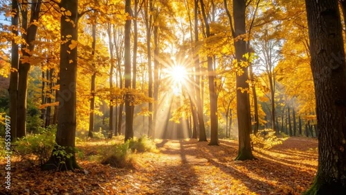 Sunlit autumn forest path, golden leaves, background trees, nature wallpaper