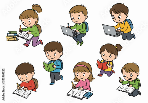 Diverse group of cartoon children studying, reading, writing, and using laptops on a white background, representing learning and education activities for kids.