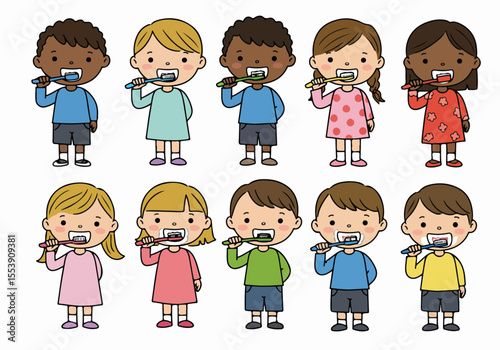 Happy diverse children cartoon illustration set showing kids brushing teeth for oral health and hygiene education.
