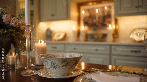 Elegant English dining tables styled with flickering candlelight, floral centrepieces, crystal glassware and richly layered plates, capturing the warmth of evening gatherings at home, wedding or event
