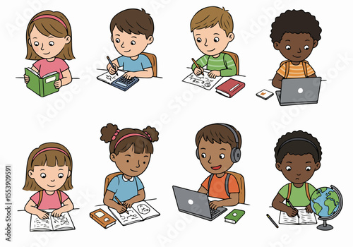 Illustration of diverse children studying together, utilizing various tools like books, laptops, and calculators for education and learning.