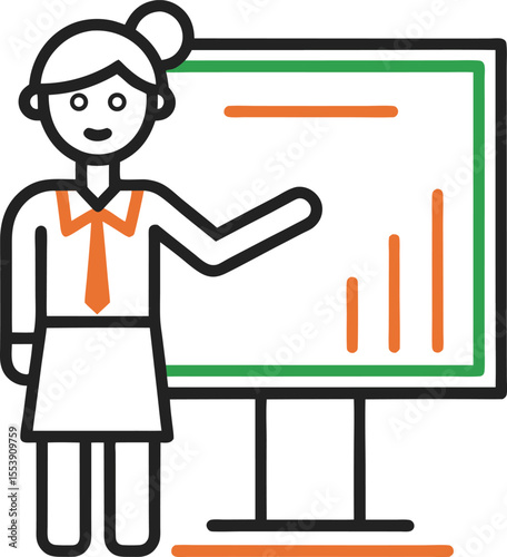 Outline icon of a teacher presenting in front of a whiteboard 