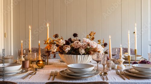 Elegant English dining tables styled with flickering candlelight, floral centrepieces, crystal glassware and richly layered plates, capturing the warmth of evening gatherings at home, wedding or event