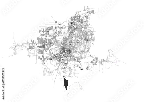Fayetteville black and white map showcasing highways and buildings. Clean vector design, focused on road networks and city structures for monochrome visualization or print.