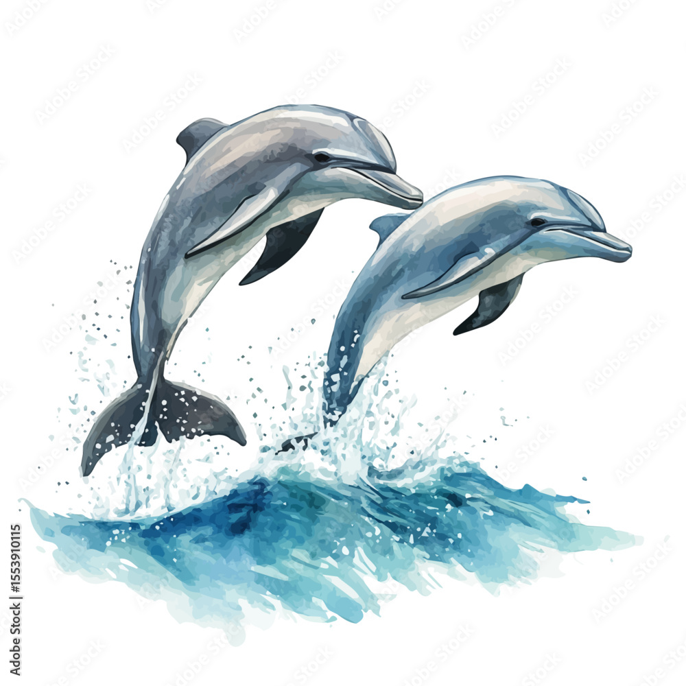 Fototapeta premium Dolphins Leaping Summer Waters, watercolor clipart vector, isolated on a white background.