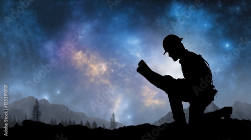A silhouetted prospector holding a vintage map under the stars, kneeling near a rocky outcrop in the wilderness