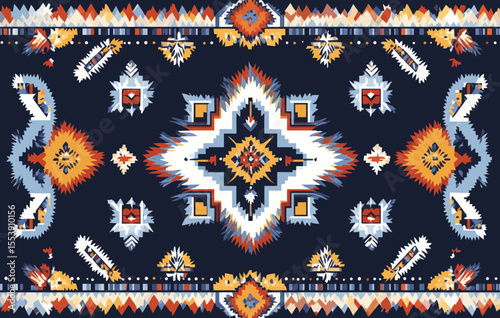 A geometric Indian ethnic pattern design characterized by Ikat is great for backgrounds, fabric prints, clothing designs, wrapping paper, textile patterns, textures, decorations, wallpaper designs,