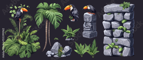 Modern Maya game UI rock panels and tropical stone sign boards are part of a set that includes Aztec jungle totem faces, tiki masks, toucans, gray cracked square block kits, old granite boulders on a