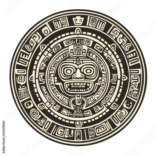 Modern illustration showcasing a hand drawn aztec skull medallion plaque design