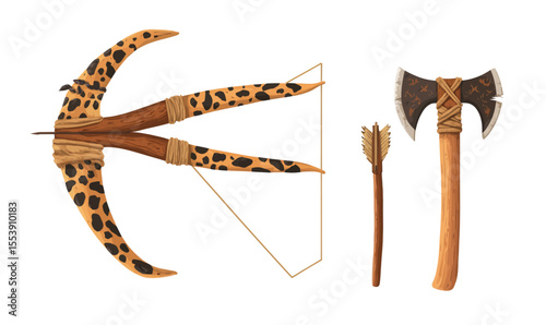 A Cartoon Modern Illustration of the Maya Civilization Symbols Set showcases an Ancient Weapon, Axe, Bow, Arrows, and Quiver