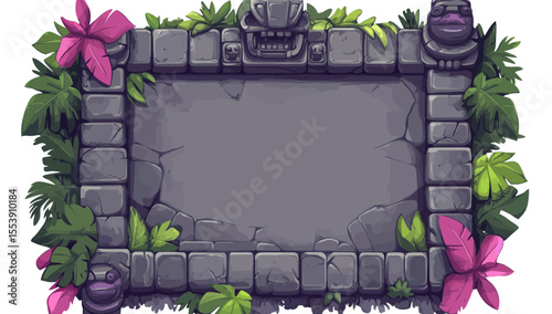 A collection of modern Stone UI game buttons features elements such as a rock sign board set, tropical maya pyramid, tiki mask, toucan, Ancient Aztec frame, and nature design elements, all of which