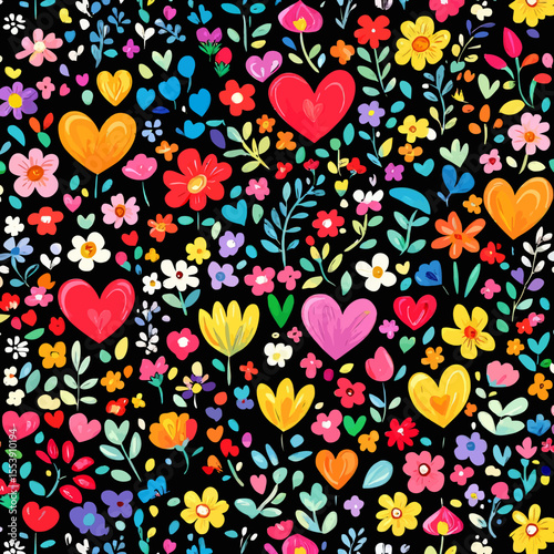 The image showcases a colorful, floral pattern on a black background, blending doodle flowers with traditional Day of the Dead designs and vibrant botanical elements