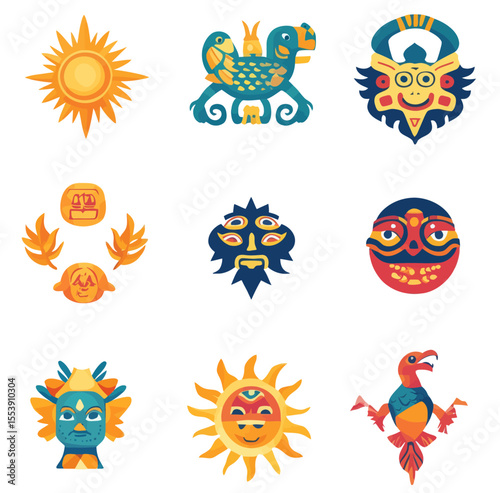 The Mayan aztec totem incorporates isolated modern symbols of an ancient Mexican tribal eagle, snake, turtle, lizard, aztec gods, pyramids, suns, monkeys, fish, frogs, ravens, and birds, all set