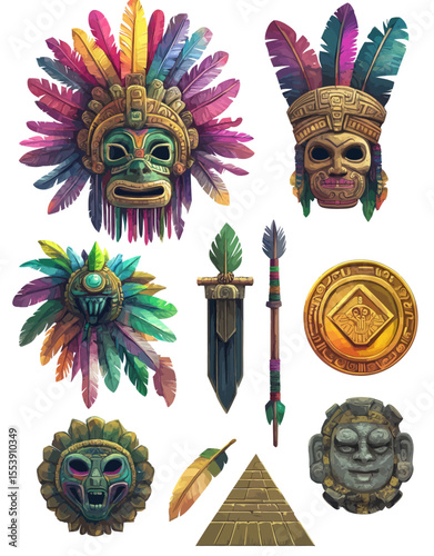Modern illustration featuring ancient objects and attributes of the Maya