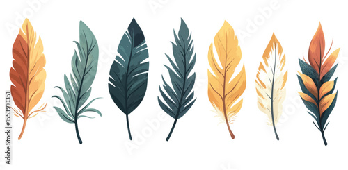 Decorative feathers in a tribal style, with a set of animal feathers and colorful bird feathers showcasing vibrant patterns and an ethnic stylized design