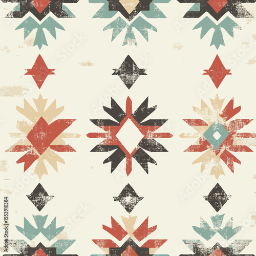 This ethnic geometric seamless pattern embodies a modern interpretation of folk art and aztec styles, characterized by its predominantly red color scheme, ideal for fabric and carpet designs