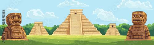 A summer landscape featuring a tropical forest and an abandoned village of the Mesoamerican Mayan civilization is the backdrop for a modern cartoon illustration of ancient Aztec temple ruins,