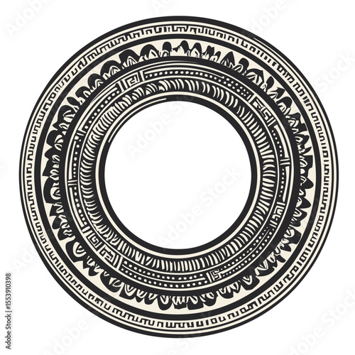 This modern illustration features an abstract Aztec frame, complete with black circle frames, tribal patterns, and a border template