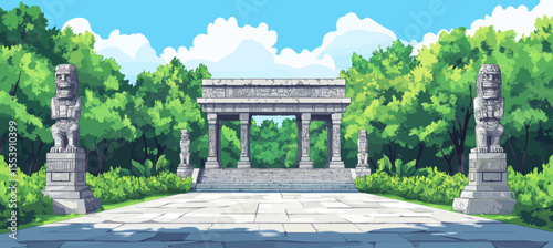 The Mayan civilization's historical landmarks, such as ancient Aztec pyramids, temples, and statues, are represented in a modern cartoon illustration of a summer landscape, which includes a tropical