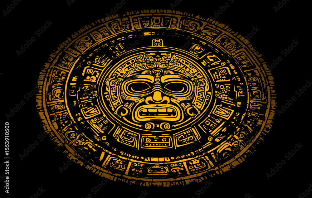 Obraz premium Ancient American Indian characters from the Aztecs, Mayans, and Incas are illustrated in an abstract design, which also features the Mayan calendar and an ancient Mayan ornament, as well as the Mayan