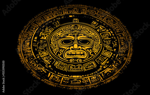 Ancient American Indian characters from the Aztecs, Mayans, and Incas are illustrated in an abstract design, which also features the Mayan calendar and an ancient Mayan ornament, as well as the Mayan