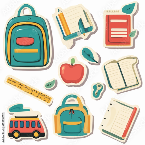 flat naive illustration of collection of colorful back to school labels, tags, stickers: backpack, apple, ruler, pencil, notebook, school bus, for packaging, printables and children’s design 