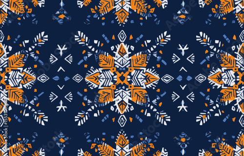 Geometric tribal ethnic traditional backgrounds and design elements are featured in a seamless pattern on Navajo native american fabric, which can be used for carpet, wallpaper, clothing, rug,