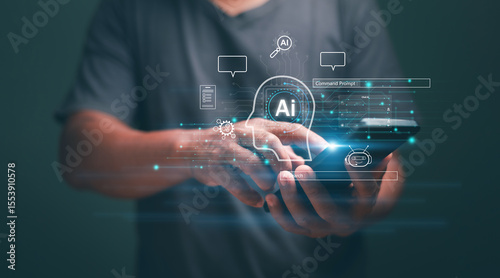 Futuristic technology transformation. Businessman using application on smartphone for intelligence AI to assistance business. Command prompt for generates something, Ai search, Smart chatbot.