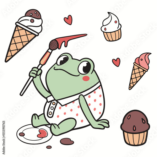 Relaxed Red-eyed tree frog with holding a paintbrush, set in a charming Ice cream party theme – Scoops & Swirls color vector art