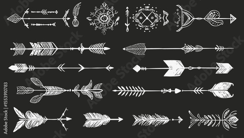 A bohemian-inspired chalkboard set featuring hand drawn folk motifs, ethnic patterns, and arrow elements, with a mix of Peruvian, Mexican, and Aztec influences and Indian decorative styles