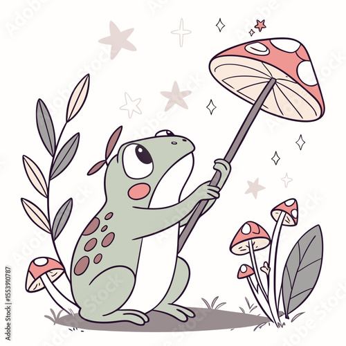 Whimsy Woods colored Red-eyed tree frog with a Peaceful touch, placed in a Fairy forest theme and styled with with a magic wand