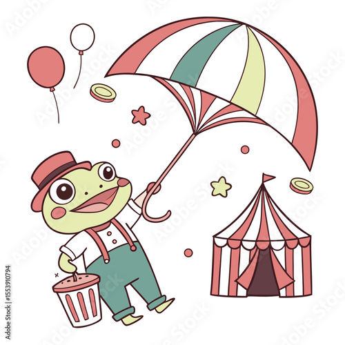 Charming SVG of a Mischievous Red-eyed tree frog featuring with a rainbow kite, styled in a Circus Carnival theme with Big Top Brights hues
