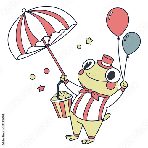 Charming SVG of a Mischievous Red-eyed tree frog featuring with a rainbow kite, styled in a Circus Carnival theme with Big Top Brights hues