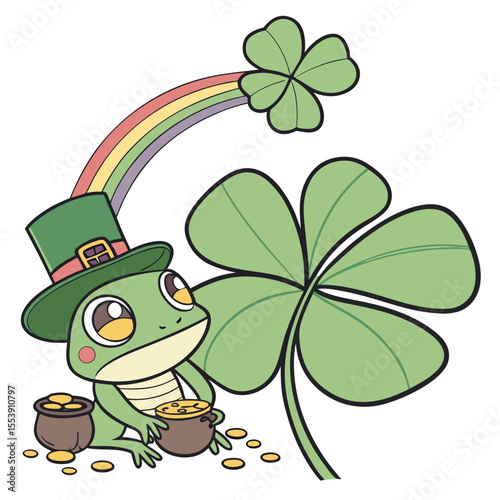 Creative SVG: Curious Red-eyed tree frog with with a giant leaf in a Clover Cheer colored St. Patrick's Day theme